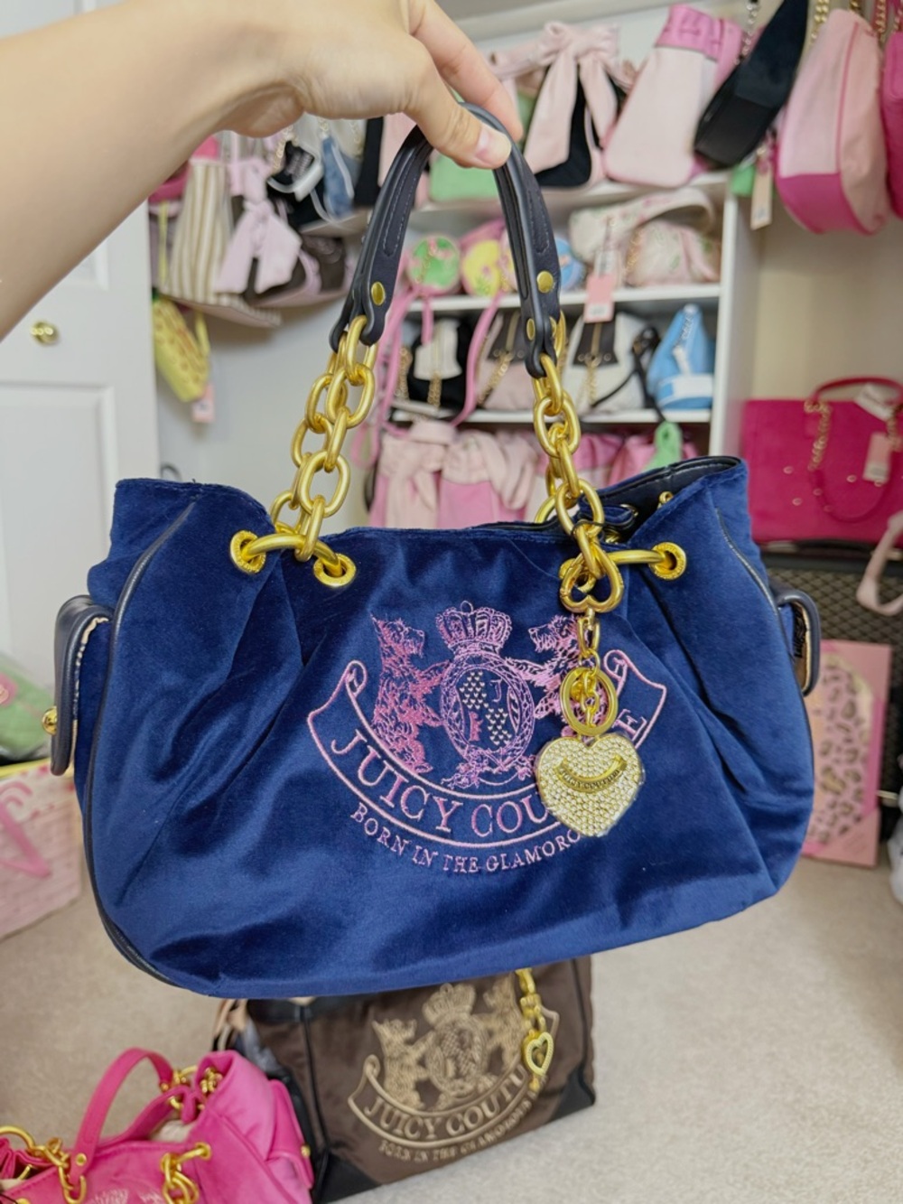 Juicy Couture Navy Velvet Shoulder Bag with Gold Chain and Heart Charm